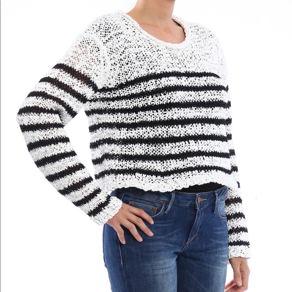 Alexander Wang Knit Cropped Crew Neck Striped Sweater White/Black